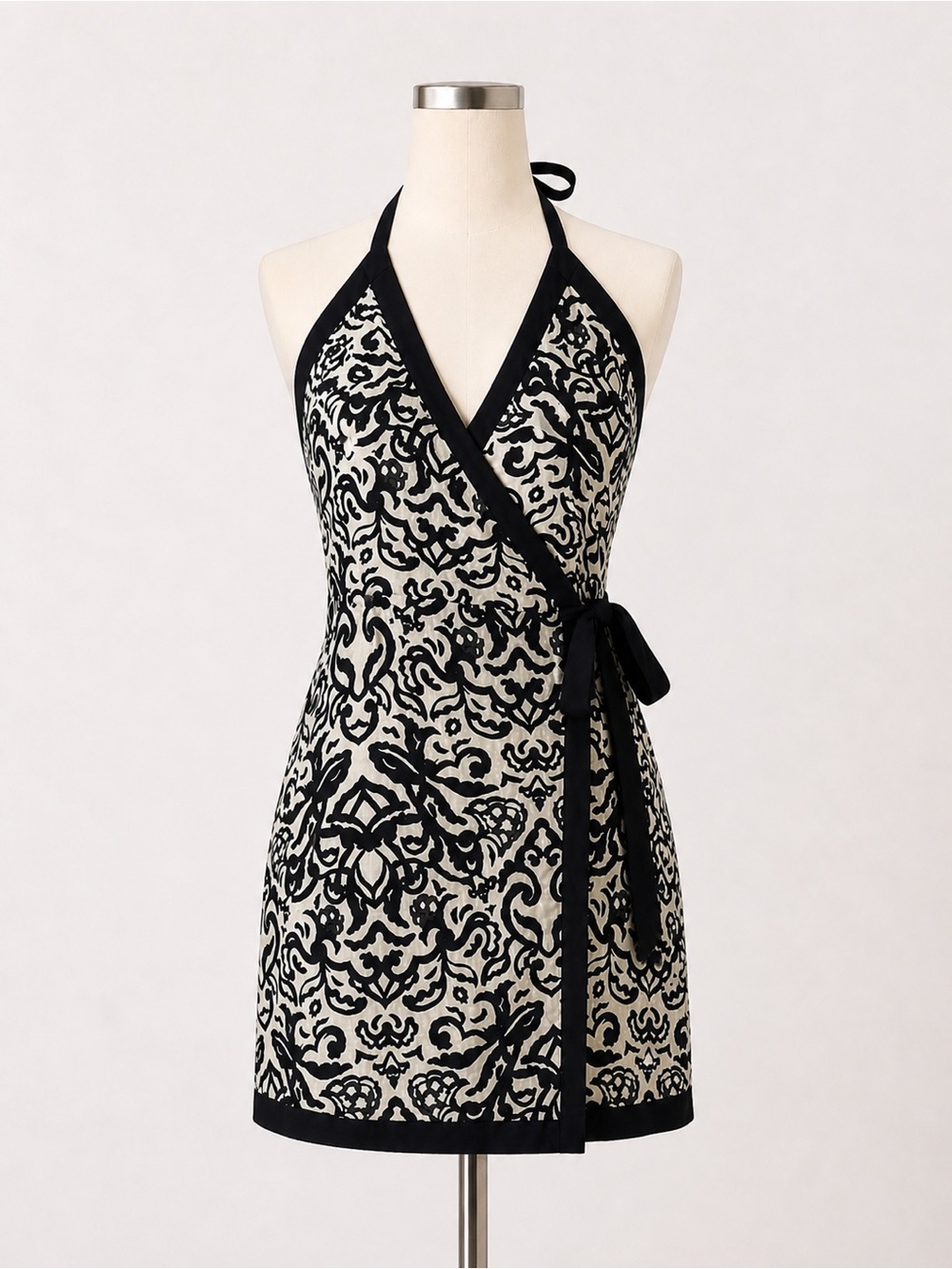 French Connection Linen Blend Wrap Halter Mini Dress Black Tan Damask XXS 2 NEW